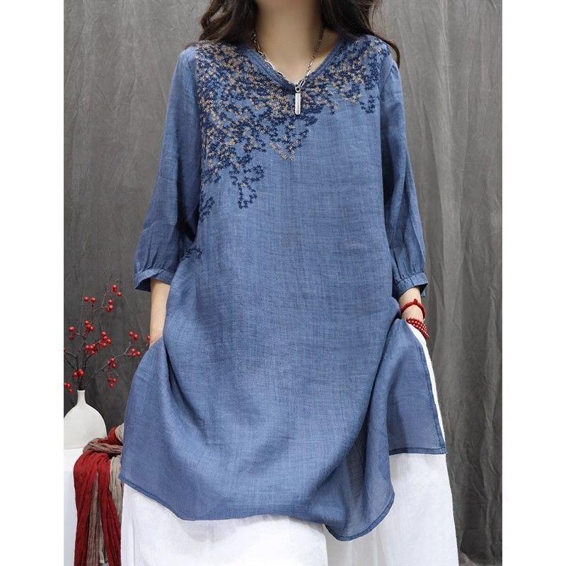 Women Summer Spring Round Neck Half Sleeve Cotton Linen Blend Embroidered Retro Casual Tunic Top