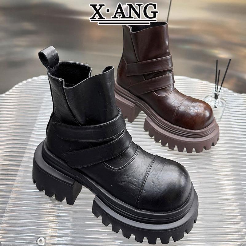 Leather Martin boots women's muffin thick sole heightening small thick heel short boots handsome locomotive boots Chelsea boots