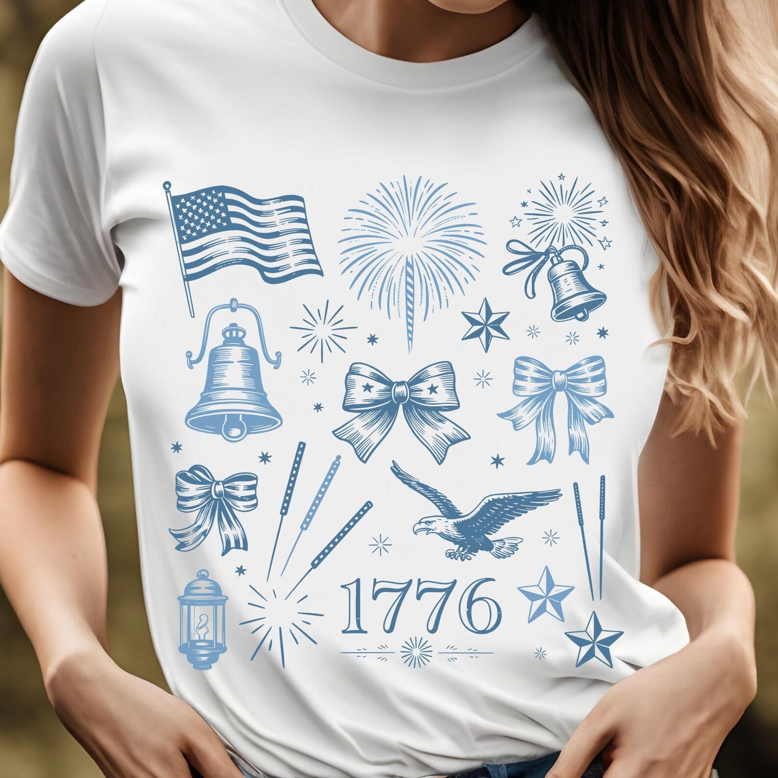 1776 Americana Patriotic Symbols T-Shirt | Flag, Fireworks, Bells, eagle M