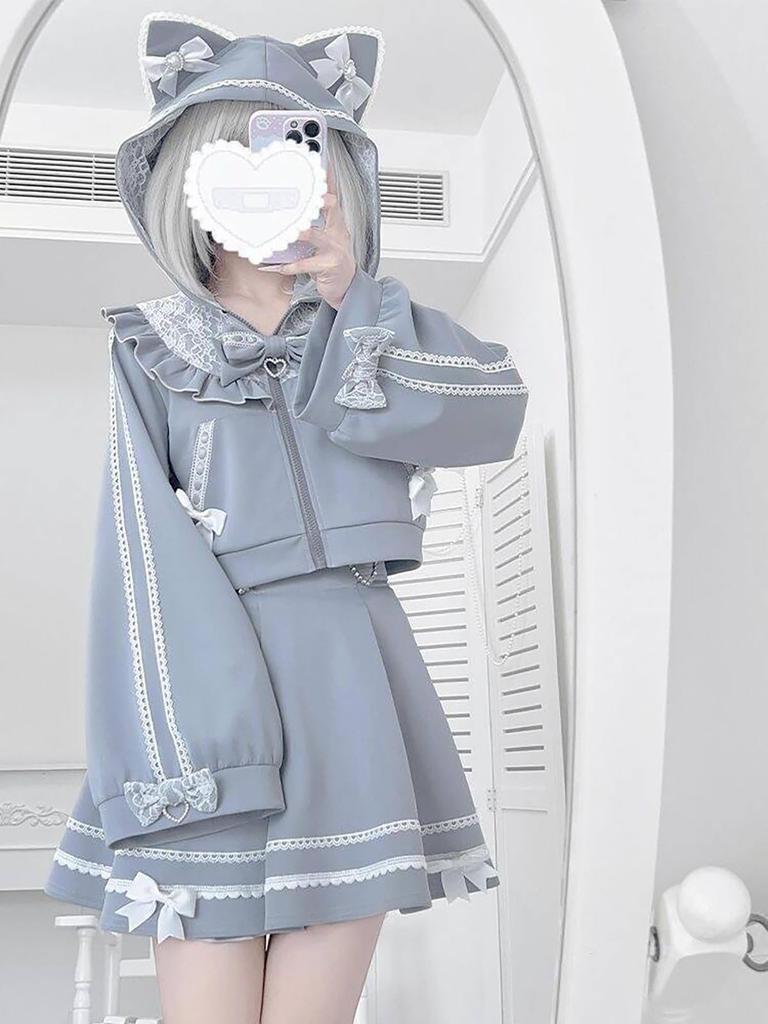 Conjunto de Fantasia Cosplay Jundakara com Renda e Gato e Perfeito para e Lolita Coreana Inclui e Tamanho Leve Conjunto de 3 Peças Orelhas, Laços, Babados, Subcultura,
