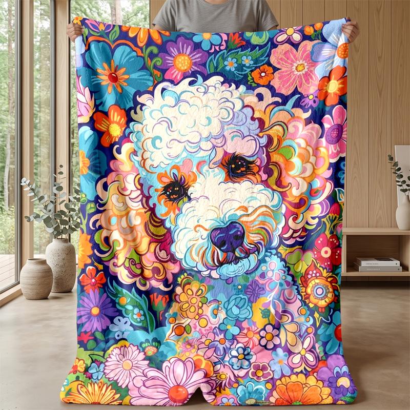 Colorful Dog Pattern with Flowers blanket Personalized Name Flannel Blanket Soft Cozy Plush Throw for Sofa Bed Lightweight Home Decor