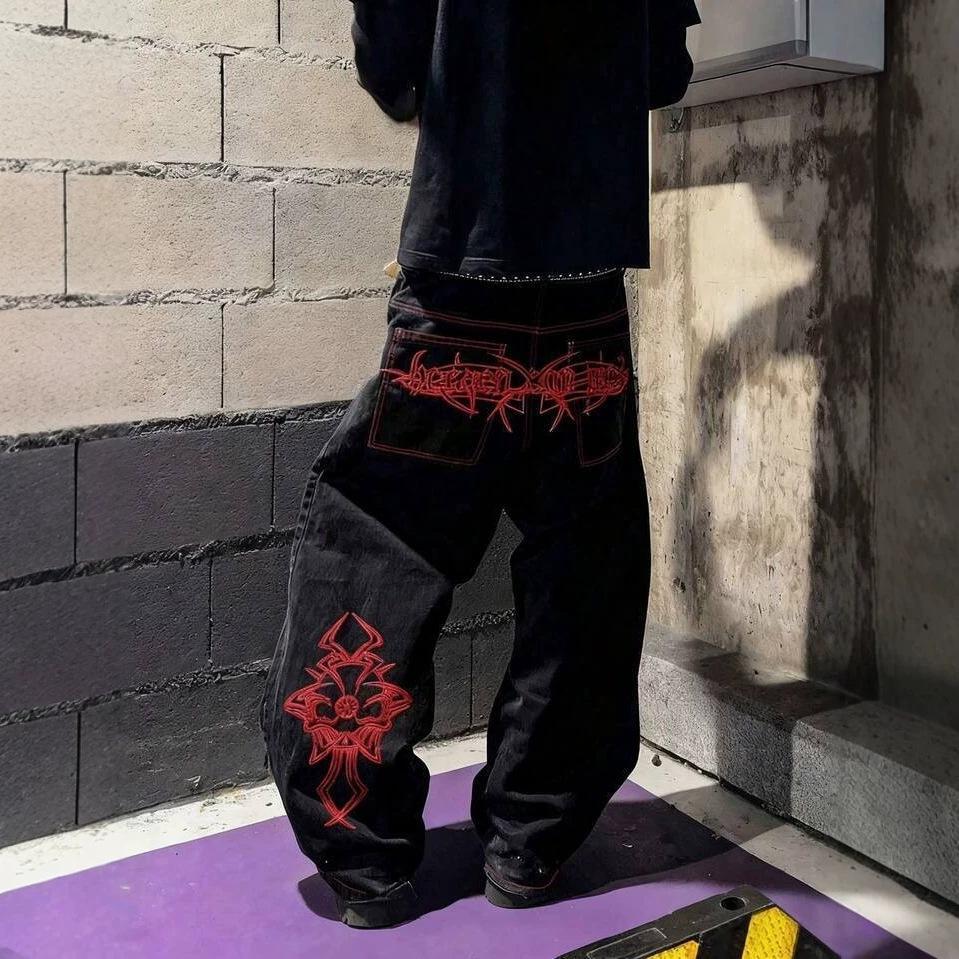 Explosive American high street tide brand full-embroidered casual pants men's loose straight casual jeans