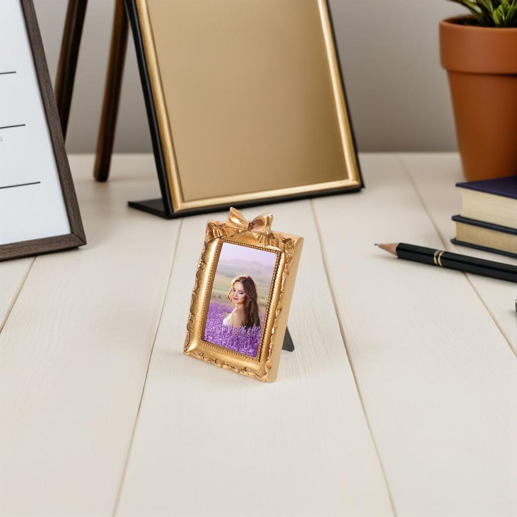2Pcs Vintage Resin Picture Frames Golden European Bowknot Photo Frames 4.8x3.4in Retro Embossed Wall Art for Living Room Hallway