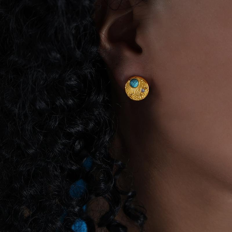 French Earrings Personalized Turquoise Inlaid Zircon Earrings Geometric Temperament Niche Hong Kong Style Girls Jewelry