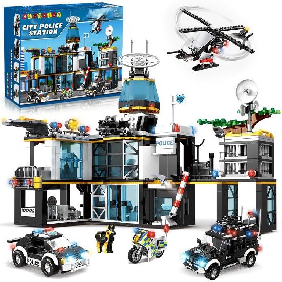 HOGOKIDS City Police Station Building Set - 1261 PCS Police Building Blocks Toys with Helicopter Motorcycle and 2 Cars, STEM Police Construction