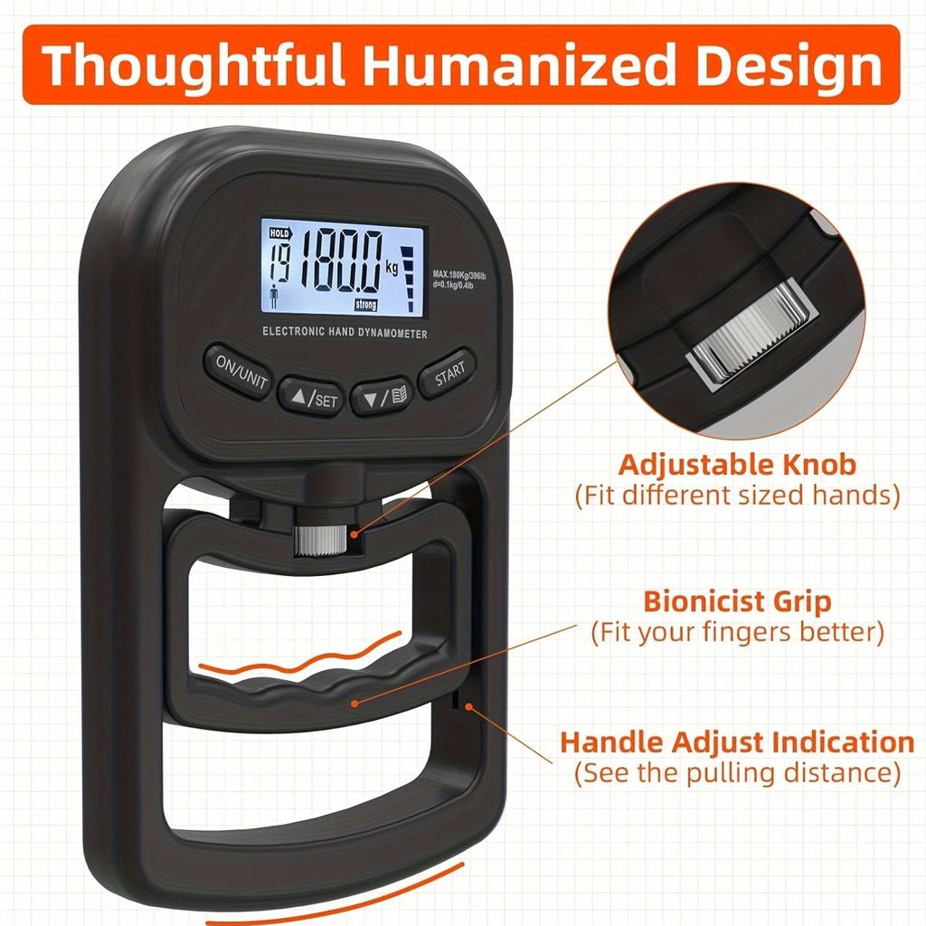 Digitaler Handkraftmesser, 396 lbs/180 kg, Elektronisches manuelles Dynamometer mit hintergrundbeleuchteter LCD-Anzeige, ABS-Material, USB-wiederaufladbare Lithiumbatterie