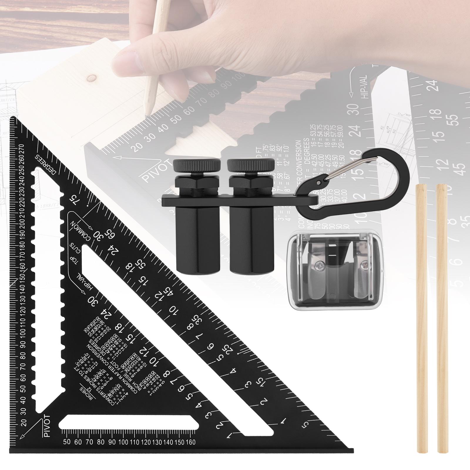 

Набор треугольных линеек из алюминиевого сплава 12 дюймов с двойной метрической шкалой, инструменты для деревообработки и столярного дела, с упорами для ступенчатого измерения, угловым квадратом для измерения