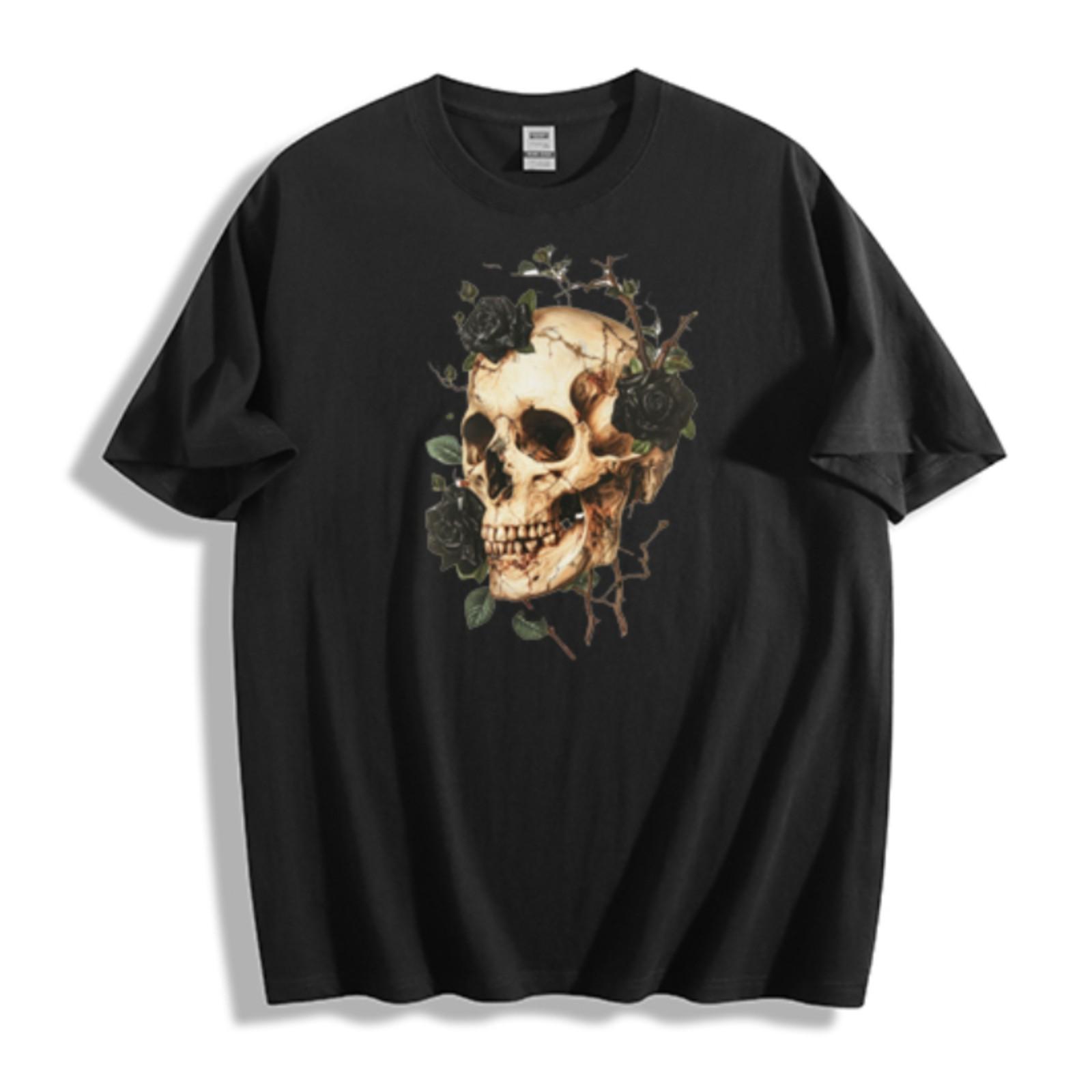 Skull and Black Rose T-Shirt Mens Womens Tees Top - Edgy Vine Design Unisex Tee S