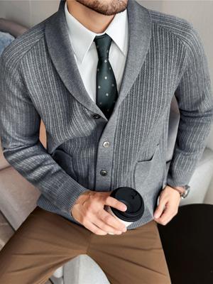 Men's Autumn-Winter Knit Shawl Collar Cardigan - Old Money American Style, Thick Striped Sweater