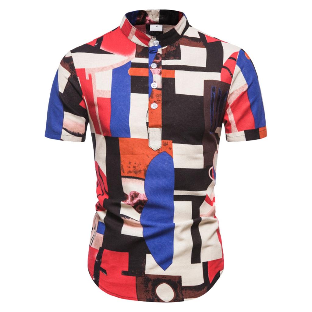 Men Stand Collar Ethnic Style Cotton And Linen Printed Short Sleeves