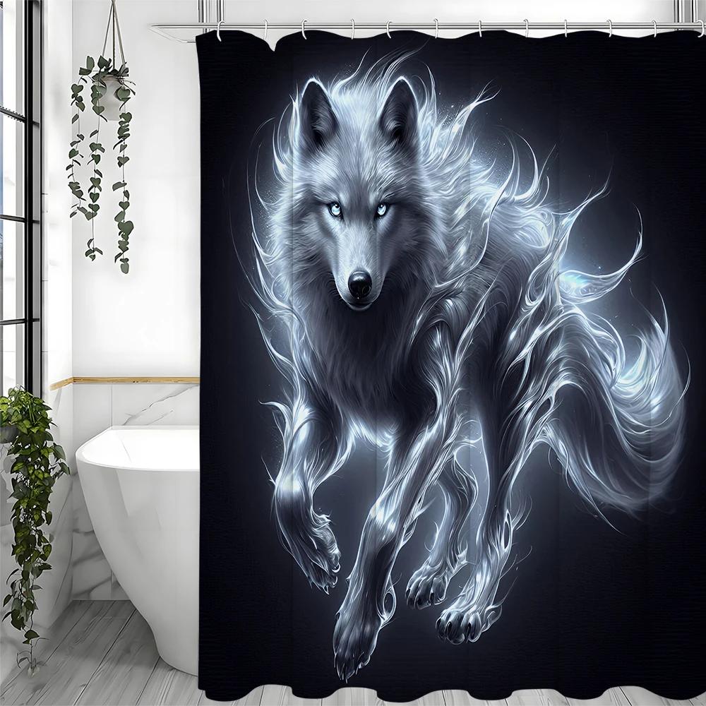 Vlčí umění Fantasy vlk Sprchový závěs, Dekorativní sprchový závěs do koupelny, Vodotěsný sprchový závěs s háčky