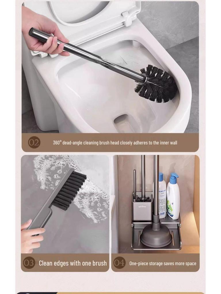 Bathroom Cleaning Set: Toilet Brush, Plunger, Storage Rack - No Dead Corners