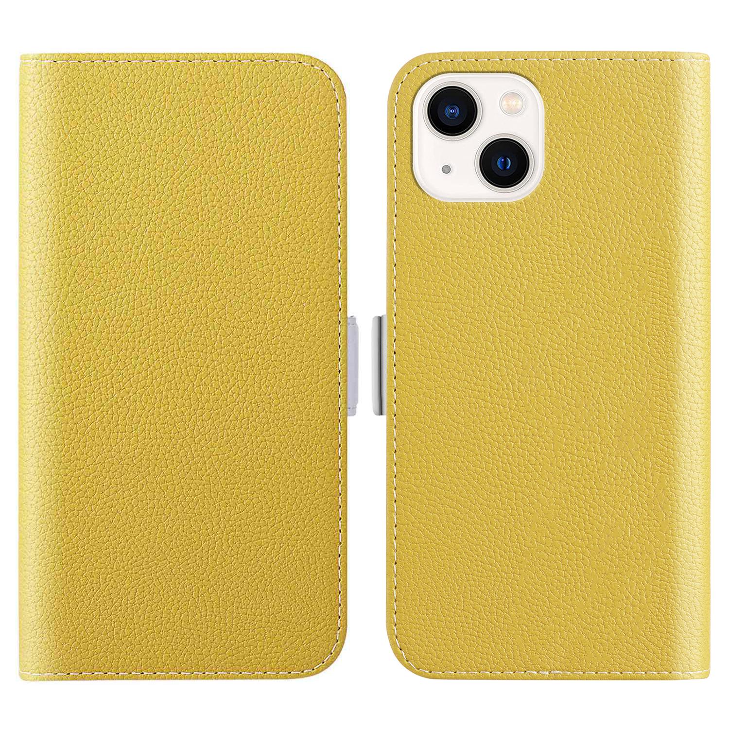 

For iPhone 15 Fully Wrapped Phone Case Stand Wallet Litchi Texture Candy Color PU Leather Cover Yellow