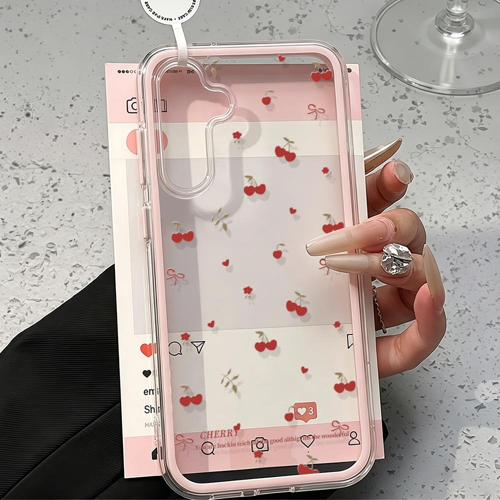 Coque de téléphone douce avec nœud Cerise Rouge pour Samsung A37 A57 A17 A07 S26 Ultra S25 S24 A56 A36 A26 A16 Housse 2 en 1 Transparente antichoc Galaxy S26 Ultra