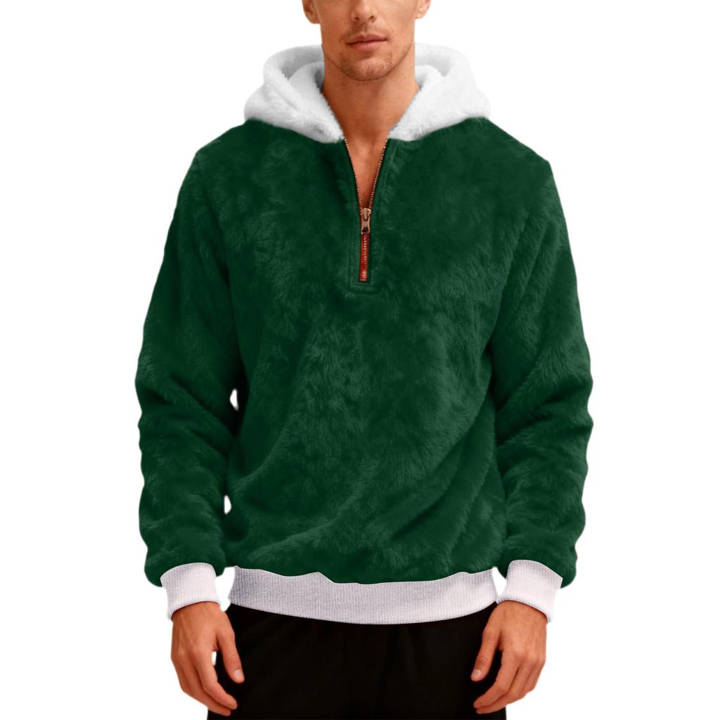 Pánská plyšová mikina s kapucí a polovičním zipem