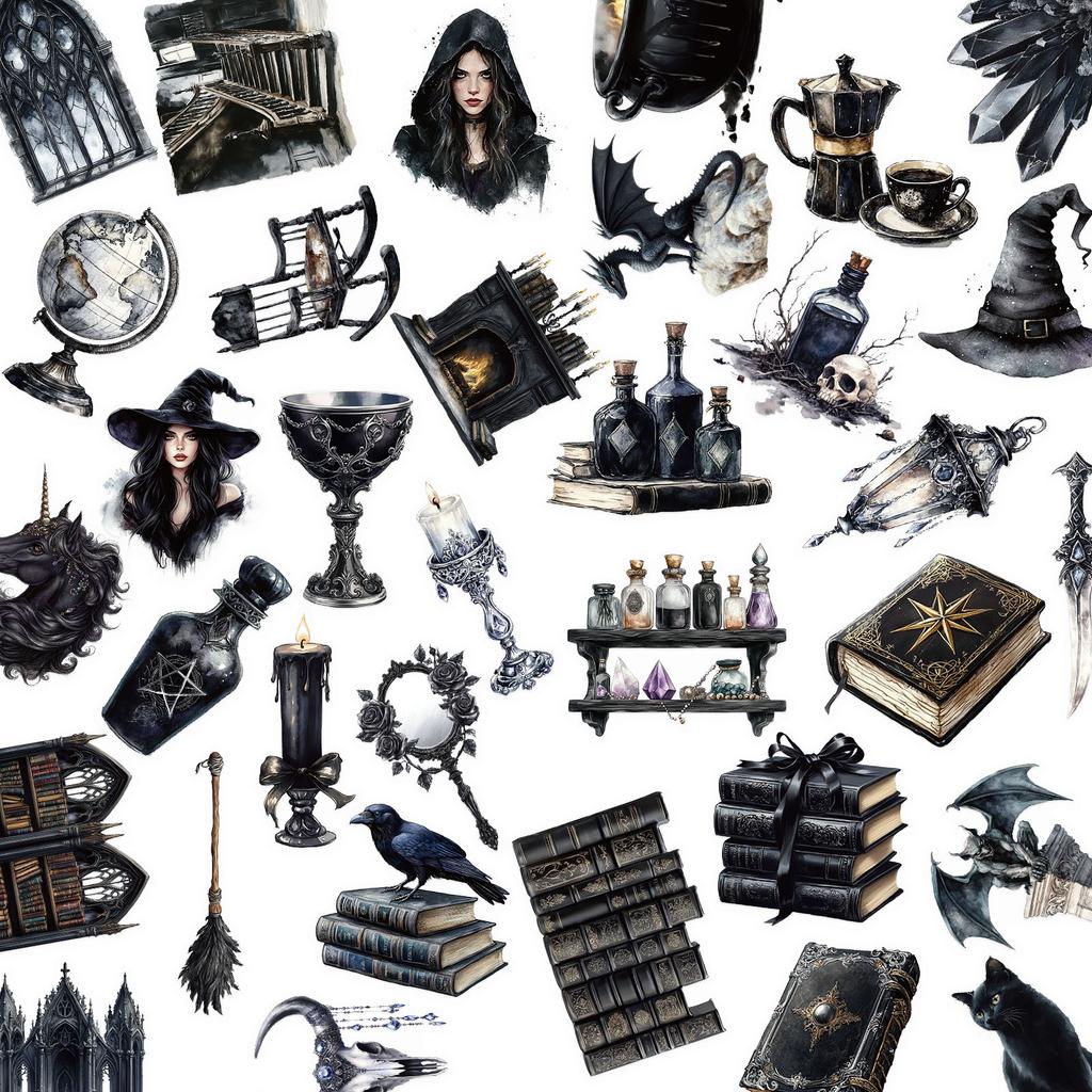 50 Pieces of Retro Dark Magic Witch PET Stickers, Transparent Waterproof Notebook Material Creative Stickers