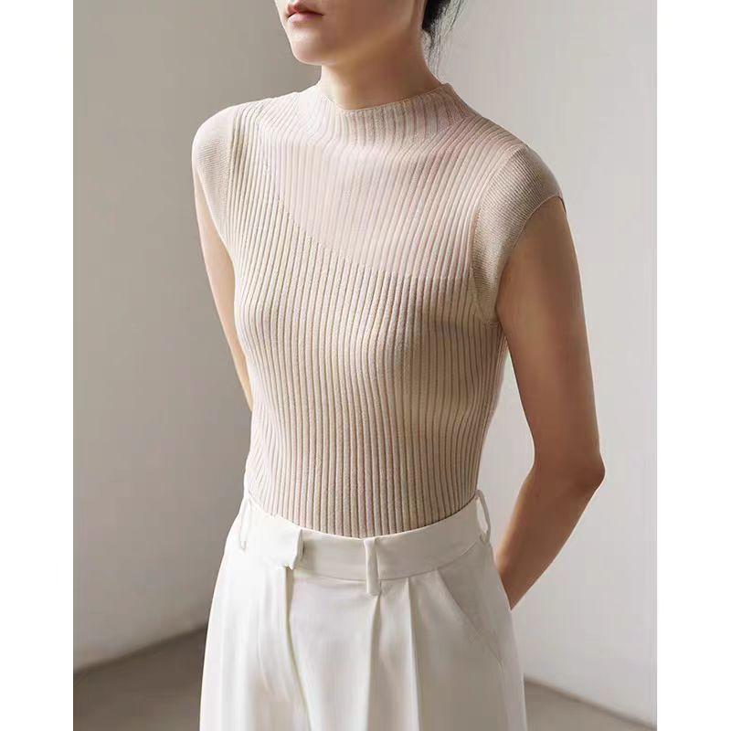 Netzrote Neue Französische Durchscheinende Strickware Kurzarm T-Shirt Damen Sommer Schulter Ärmellos Eisseide Top