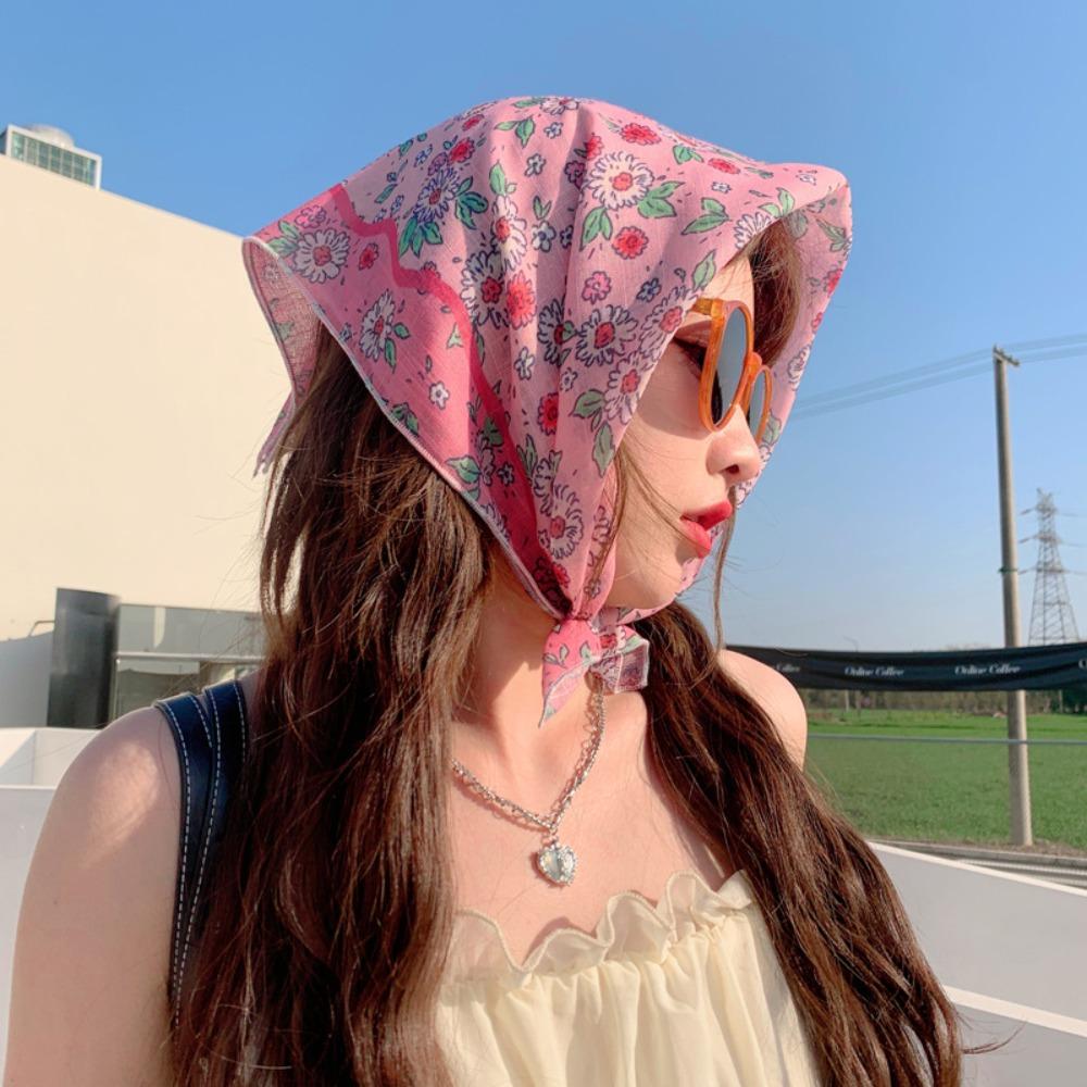 

Breathable Women Headscarf French Flower Printed Small Square Scarf Hair Scarf Spring Summer C