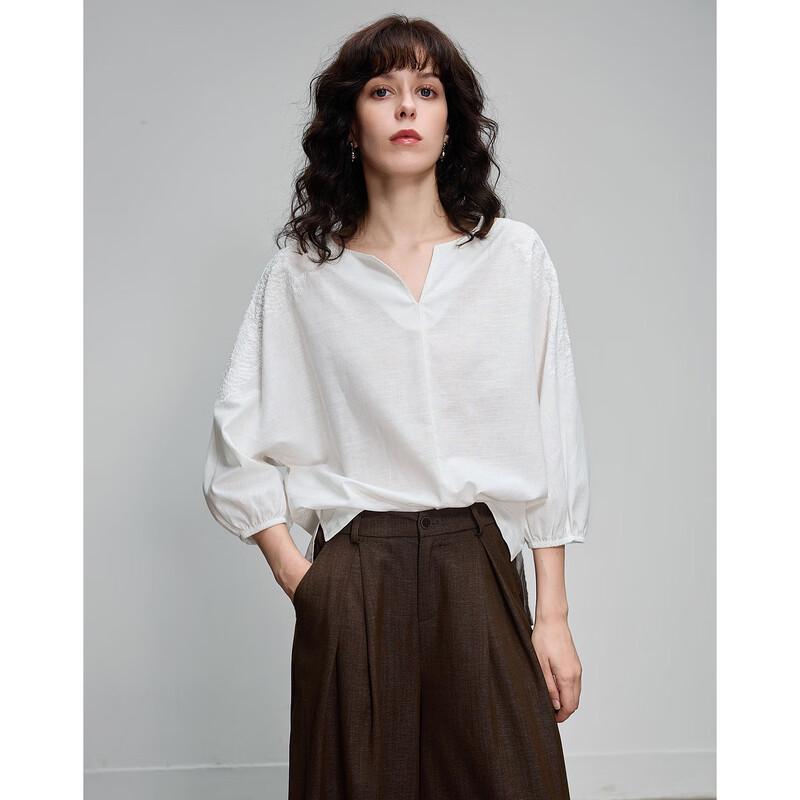 Women s Linen Cotton Blend Embroidered 3/4 Sleeve Blouse S