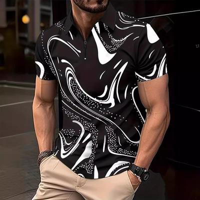 Men's Floral Printed Lapel Short Sleeve Zip Floral Casual Polo Shirt