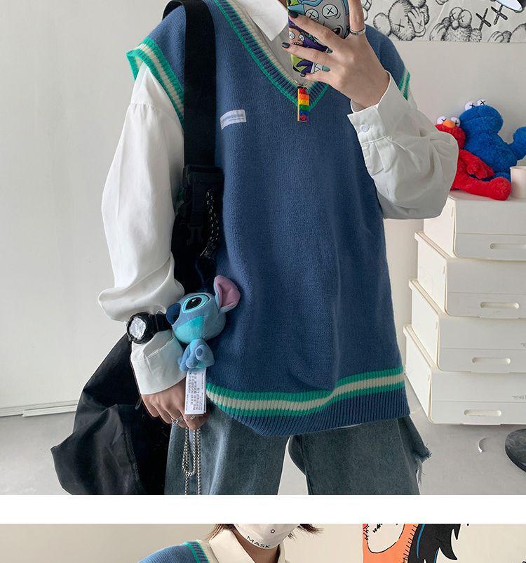 Couple's Trendy Sleeveless V-Neck Sweater: School-Inspired Hong Kong Style Knit for Summer