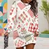 Women Plus Size Round Neck Long Sleeve Plaid Floral Printed Sweatshirt Mini Dress