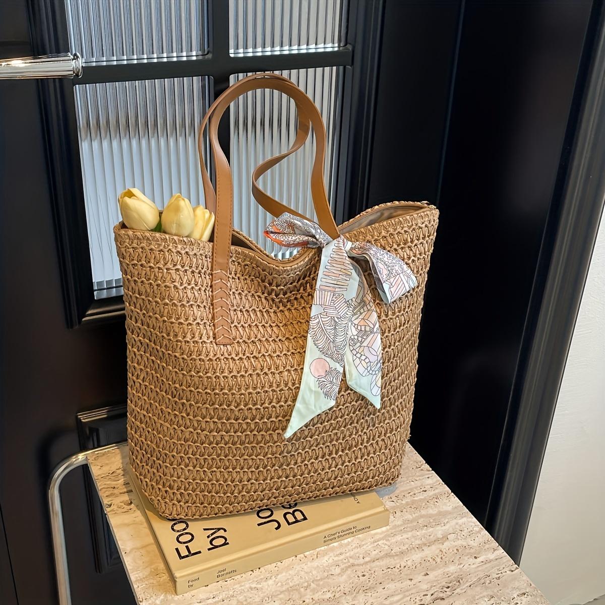 Минималистская однотонная соломенная сумка через плечо однотонная сумка для летнего отдыха с декором из шарфа хаки 1919₽