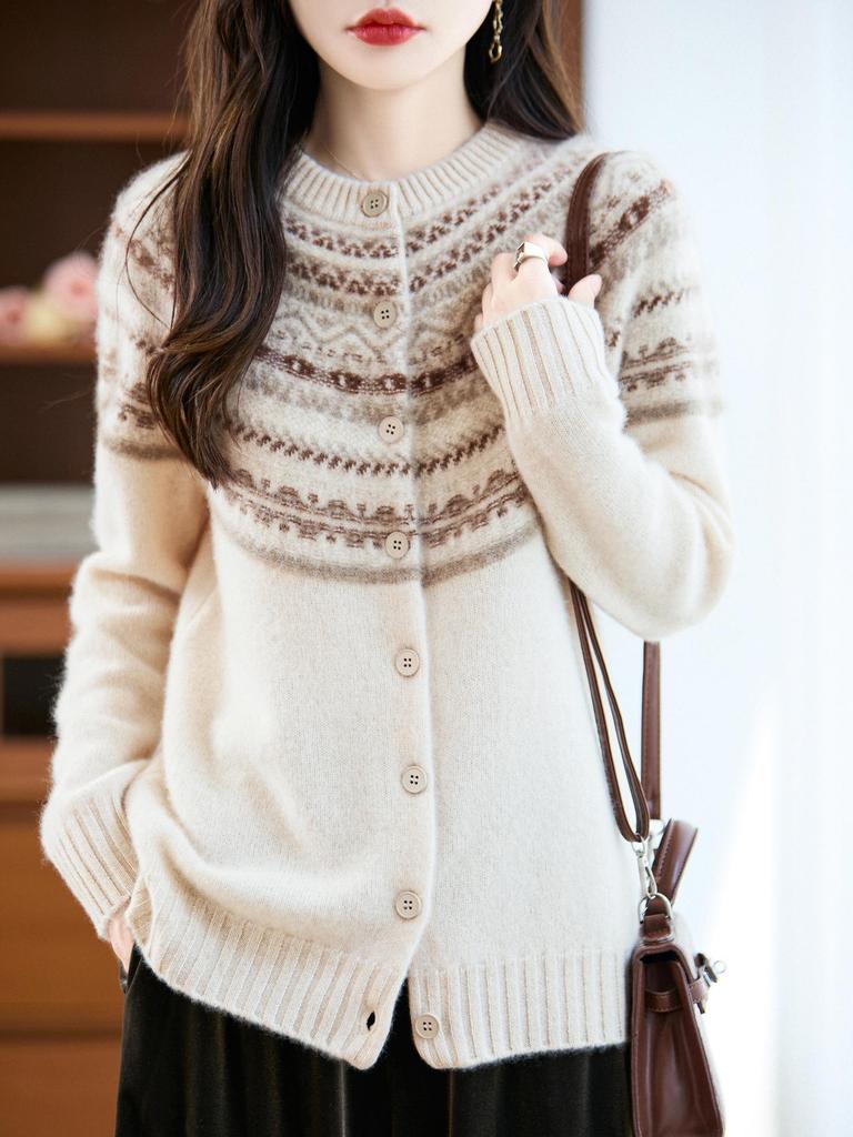 2025 Autumn/Winter 100% Wool Fair Isle Thick Cashmere Cardigan Sweater – Small Fragrance Style