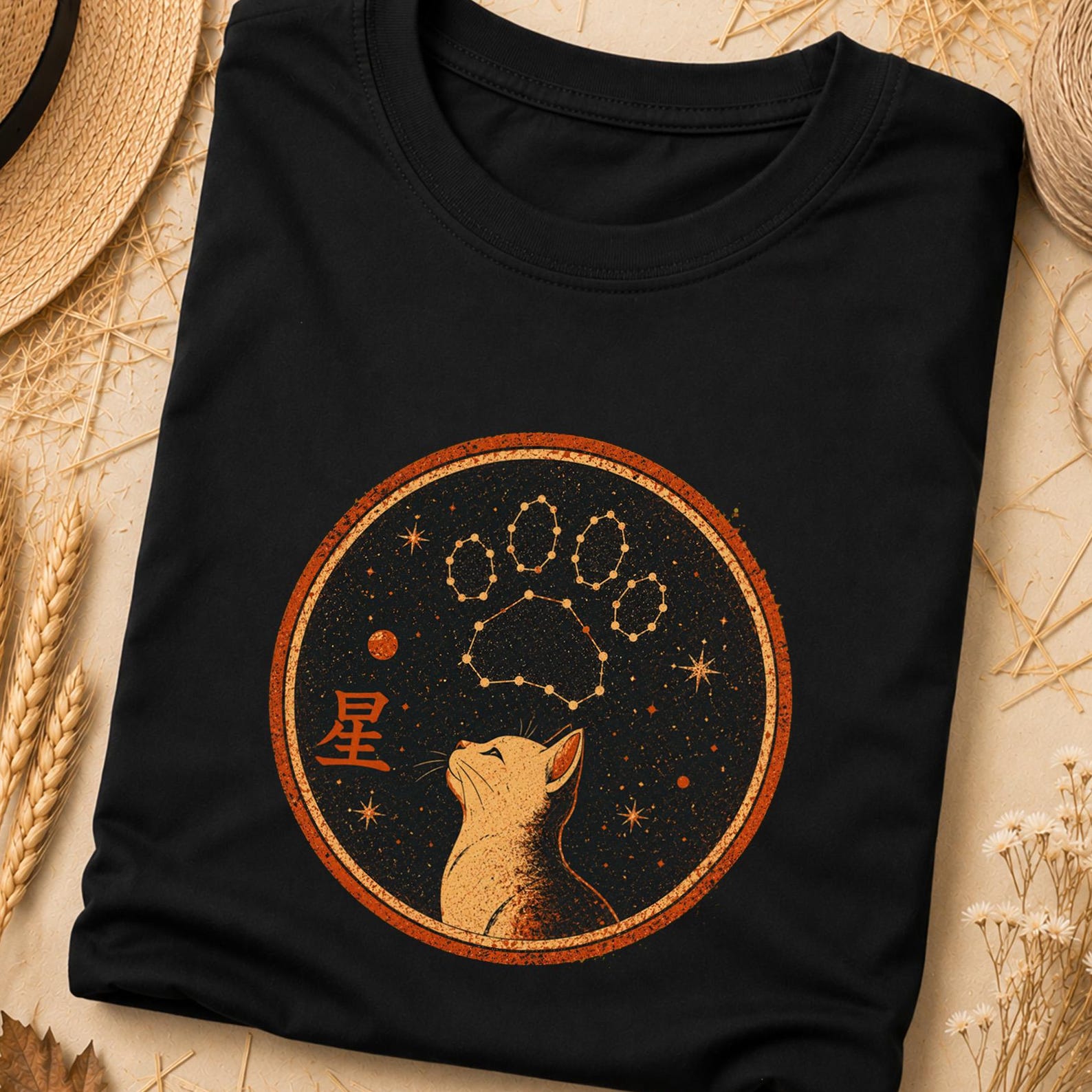 Japanese Space Cat Shirt, Mid Century Japanese Art Shirt, Japanese Aesthetic Vintage Tee, Vintage Japanese Symbol Shirt, 1950s Space Cat Tee S