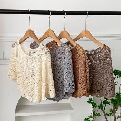 Ladies Knitted Ice Silk Shawl Summer Lightweight Hollow Out Design Fashionable Sequin Shoulder Cover Head Over Shoulder Wrap