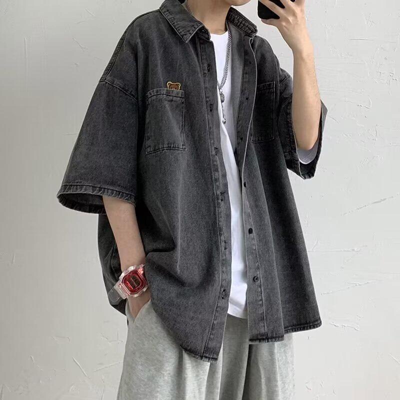 

Мужская летняя рабочая джинсовая рубашка с коротким рукавом - модный японский гонконгский стиль Extra Large чёрный