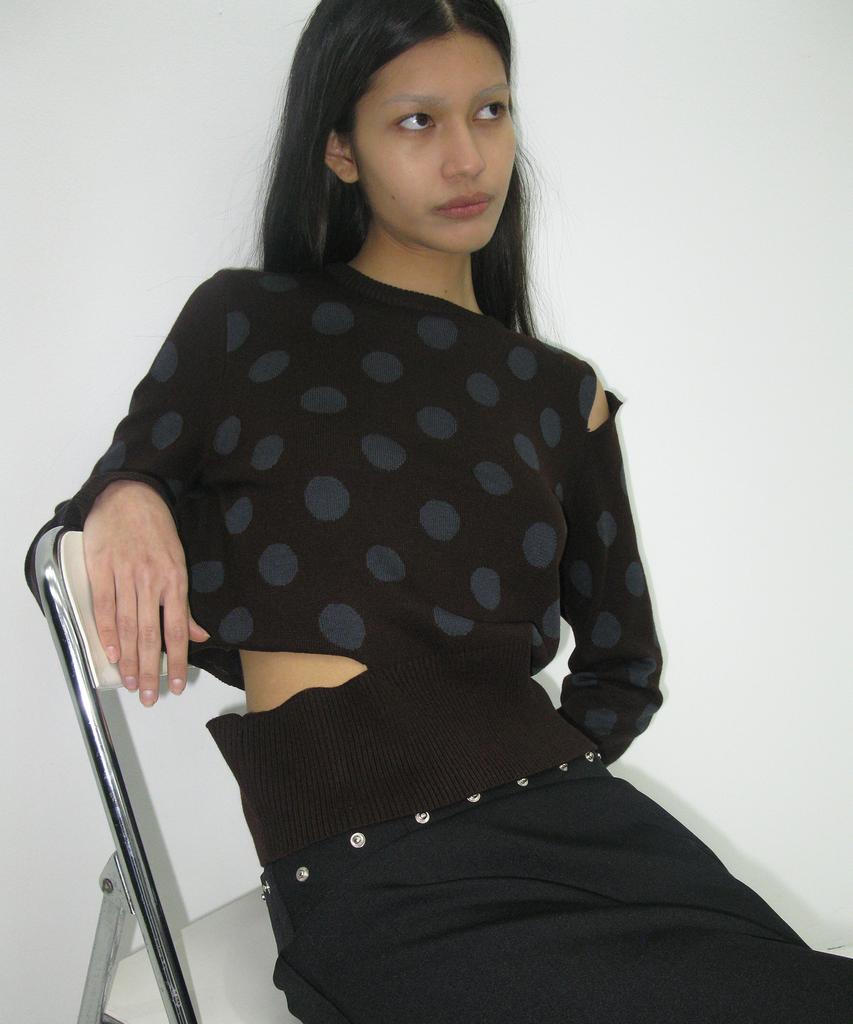 PARTIMENTO WOMEN Cutout Polka Dot Jacquard Knit Crewneck_Brown
