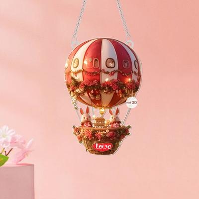 Ornament Agățat Love Acrilic 2D Balon cu Aer Cald și Iepurași Pandantiv Decor Romantic de Ziua Îndrăgostiților pentru Mașină Casă Ușă Fereastră Perete