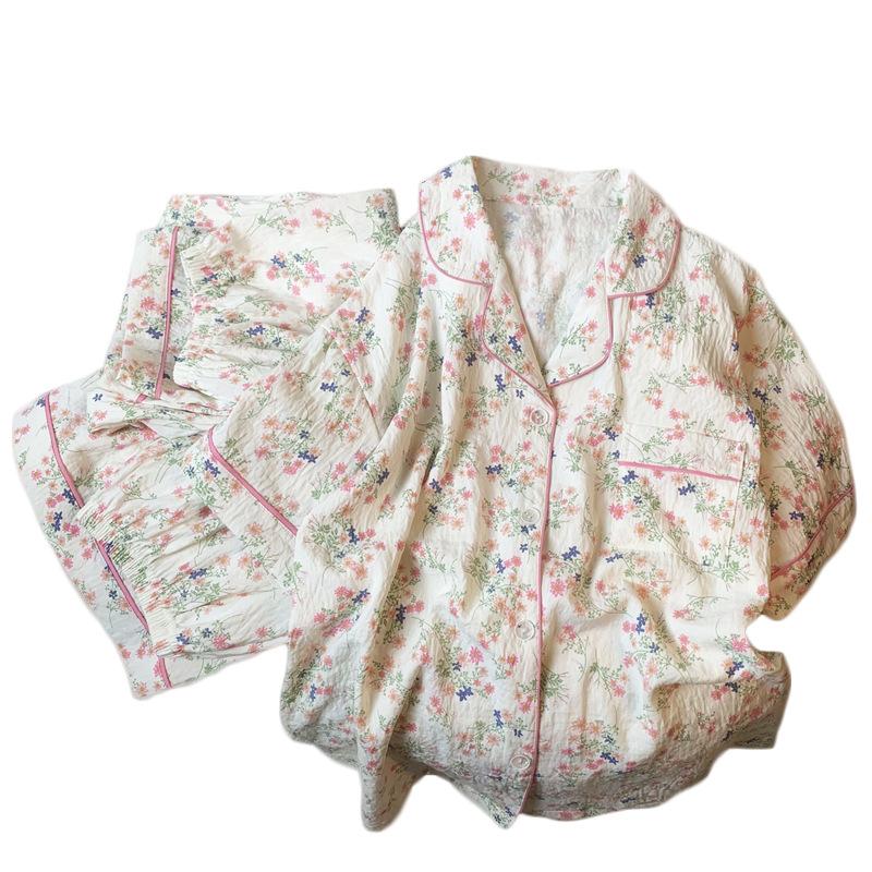Pastoral Floral Cloud Cotton Pajamas Women'S Summer Short-Sleeved Loungewear Three-Piece Set