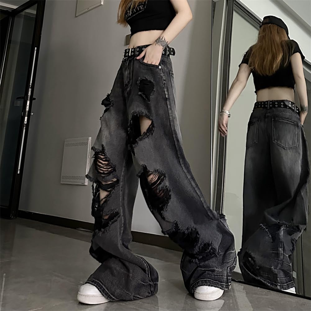 JQBFL Distressed Denim Loose Wide Leg Washed Fashionable Long Distressed Street Perfect for Commuting and School Women's Pants, Fit, Pants, Jeans,