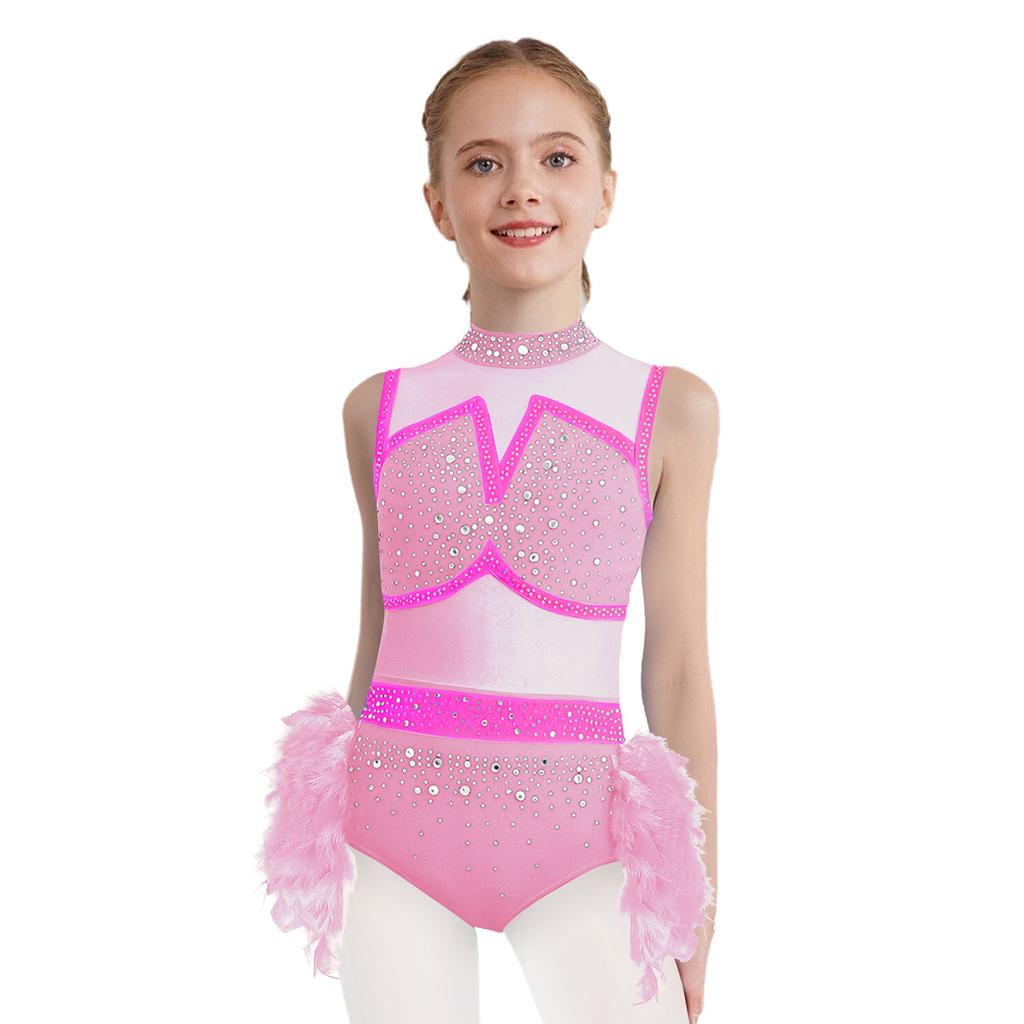 Girls Jazz Latin Dance Costume Shiny Rhinestones Color Block Leotard with Feather Skirt Sleeveless Cutout Back