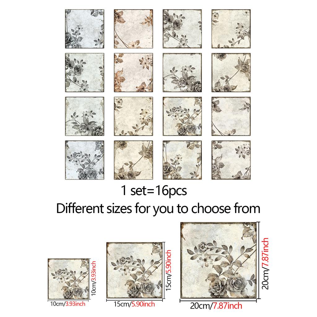 16Pcs/Set Retro Flower Tile Stickers Peel and Stick Waterproof PVC Wall Decals Matte Anti-Slip Floor Wallpaper for Living Room Bathroom Decor