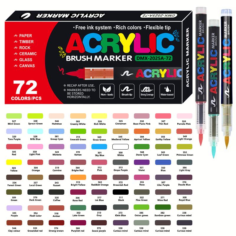Acrylic Markers Brush Tip Paint Marker 12-72 Colors Acrylic Paint Pen for Rock Canvas Wood Ceramic Adult Coloring DIY Crafts