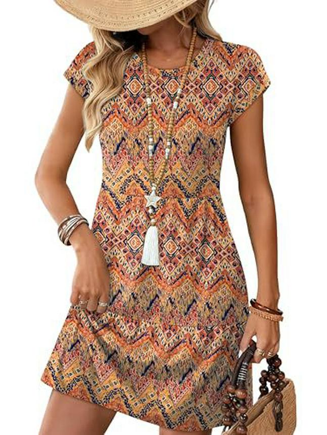 Women s Floral Layered Summer Dress - Beach Party Round Neck Style S