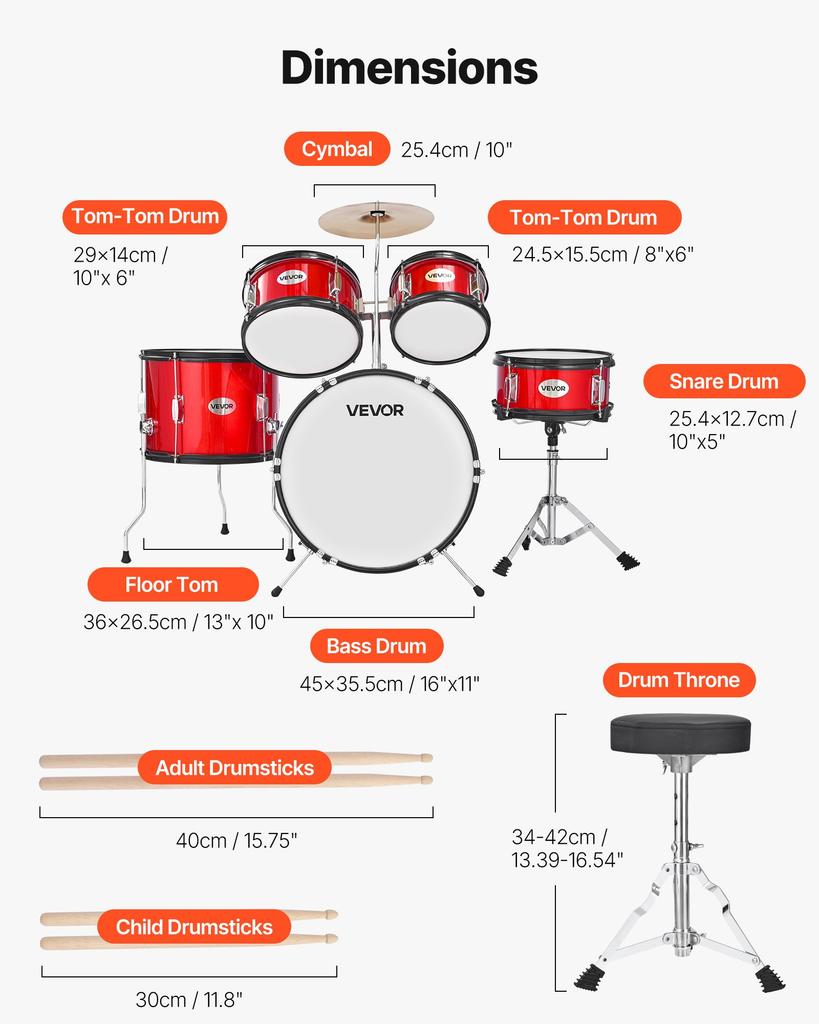 VEVOR Kids Drum Set, 5-Piece 16 in / 406.4 mm Junior Drum Sets, Beginner Drums Set with Adjustable Throne and Two Pairs of Drumsticks