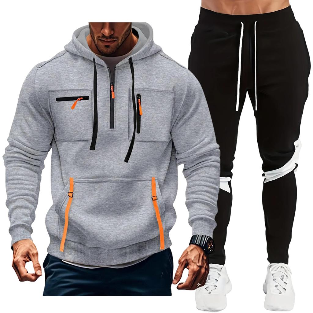 Men'S Hoodie Multi Pocket Hooded Long Sleeved Casual Sports Two-Piece Set