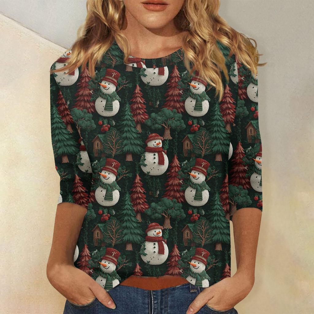 3/4 Sleeve Shirts For Women Print Christmas Tees Blouses Casual Plus Size Basic Tops Pullover