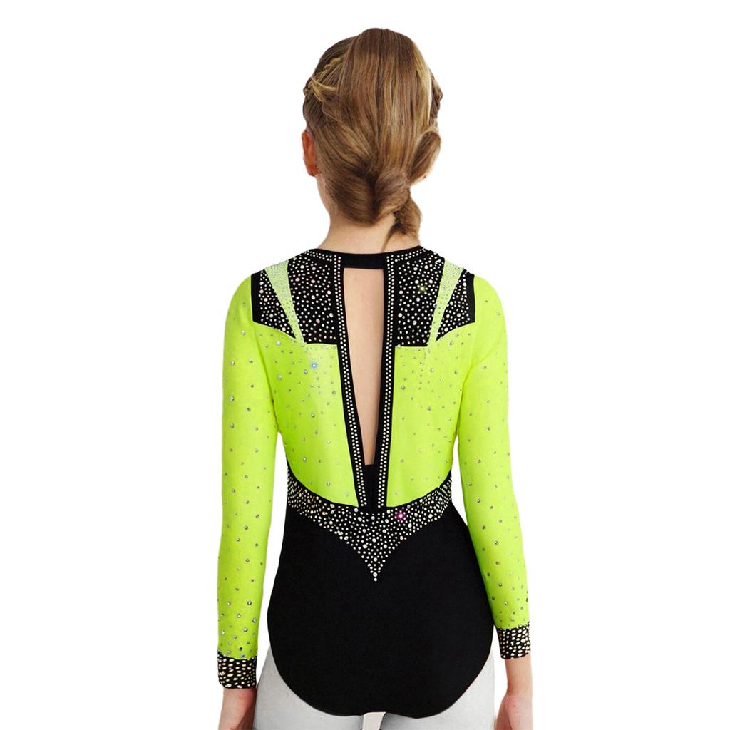 Girls Gymnastics Leotard Long Sleeve Keyhole Back Shiny Rhinestones Figure Skating Dancewear