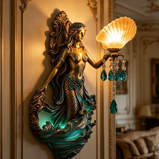 Mermaid Wall Sconce Vintage Resin LED Lamp for Bedroom Living Room Warm Glow Fantasy Decor Unique Gift for Ocean & Mythical Lovers