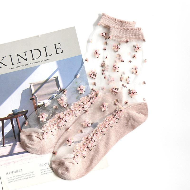 1 Pair Summer Women Transparent Lace Silk Crystal Rose Flower Breathable Ultra Thin Elastic Socks