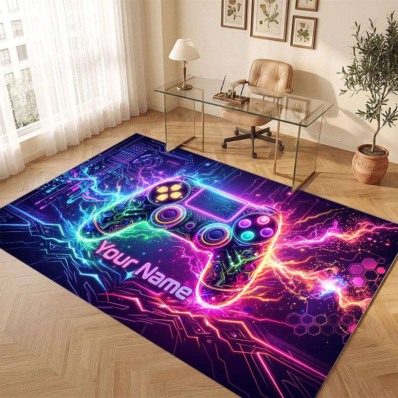 City Cyberpunk Theme Crystal Velvet Floor Rug Personalized Custom Name Text Warm Carpet Home Decoration