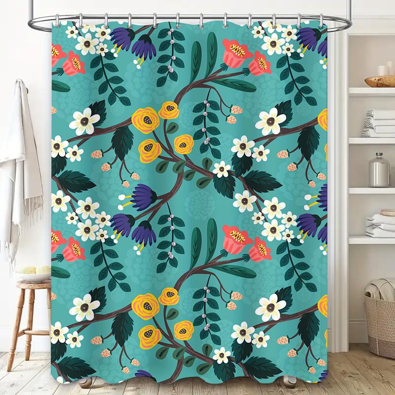 Bright Floral Shower Curtain Waterproof Fabric Bathroom Decor Blue Green Yellow Red White Flower Pattern Bath Rug Cover Size180x