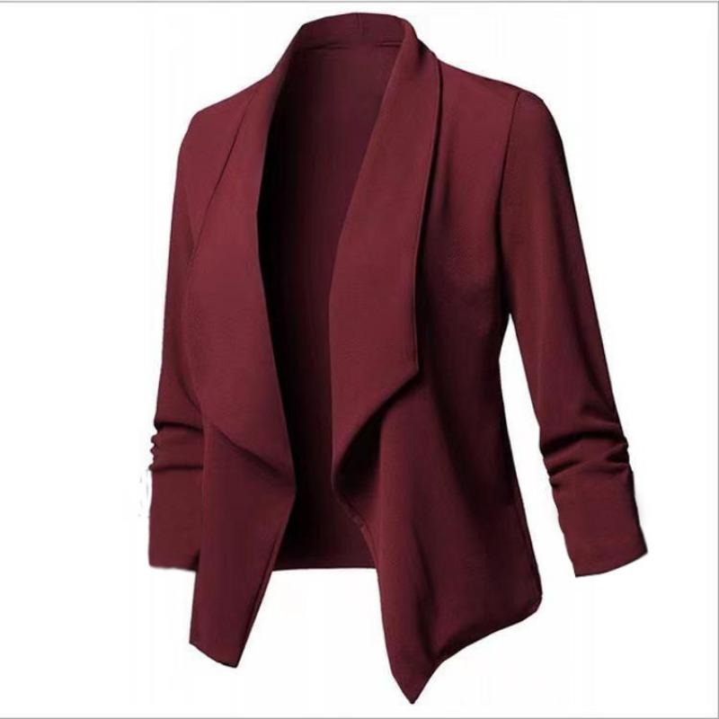 Women's Slim Fit Long Sleeve Solid Color Blazer Versatile Stretch Cuff Lapel Jacket For Office Wear, Elegant Career Open Front Coat For Commuting
