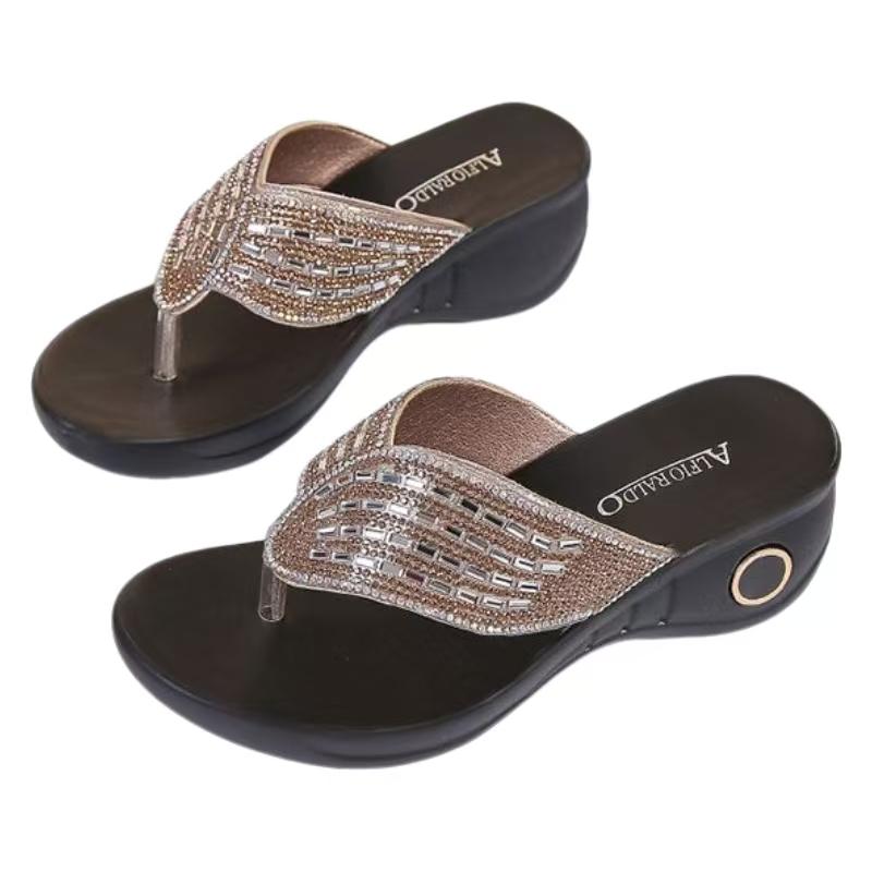Women Wedges Rhinestone Flip Flop Slippers Summer New Thick Sole Lightweight Fashionable Outdoor Modern Slippers Sandals