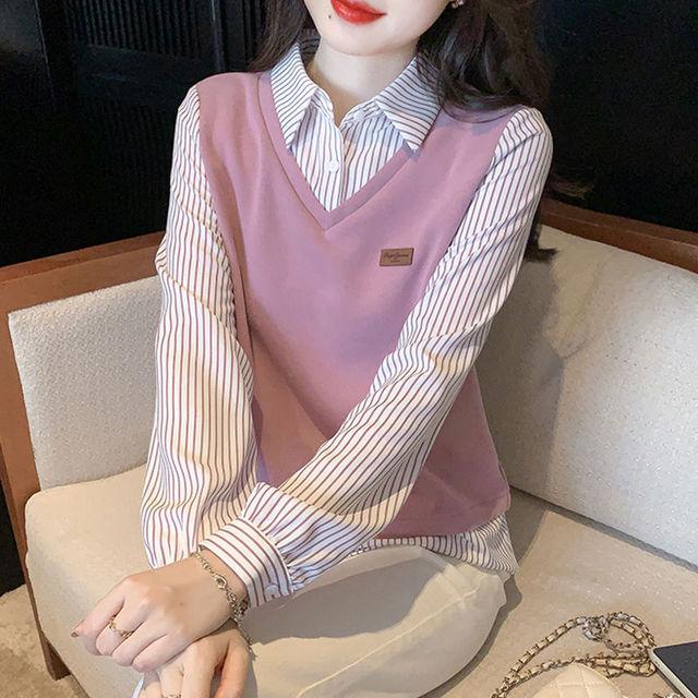 

Полосатая рубашка в стиле пэчворк, свободный искусственный топ из двух предметов, женская весенне-осенняя новая блузка с отложным воротником и длинными рукавами XXXL розовый